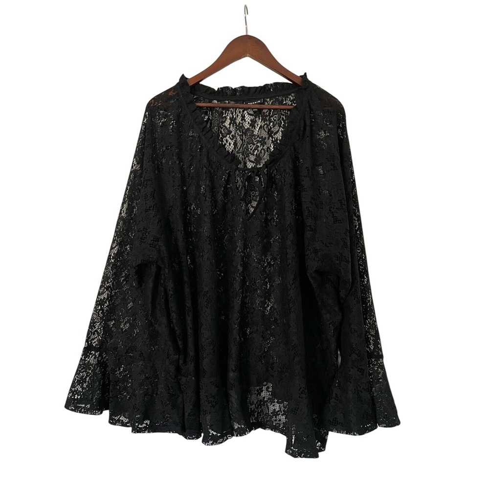 Torrid 5 5X Black Floral Lace Bell Sleeve Blouse Ruffle Tie Gothic Witchy Sheer